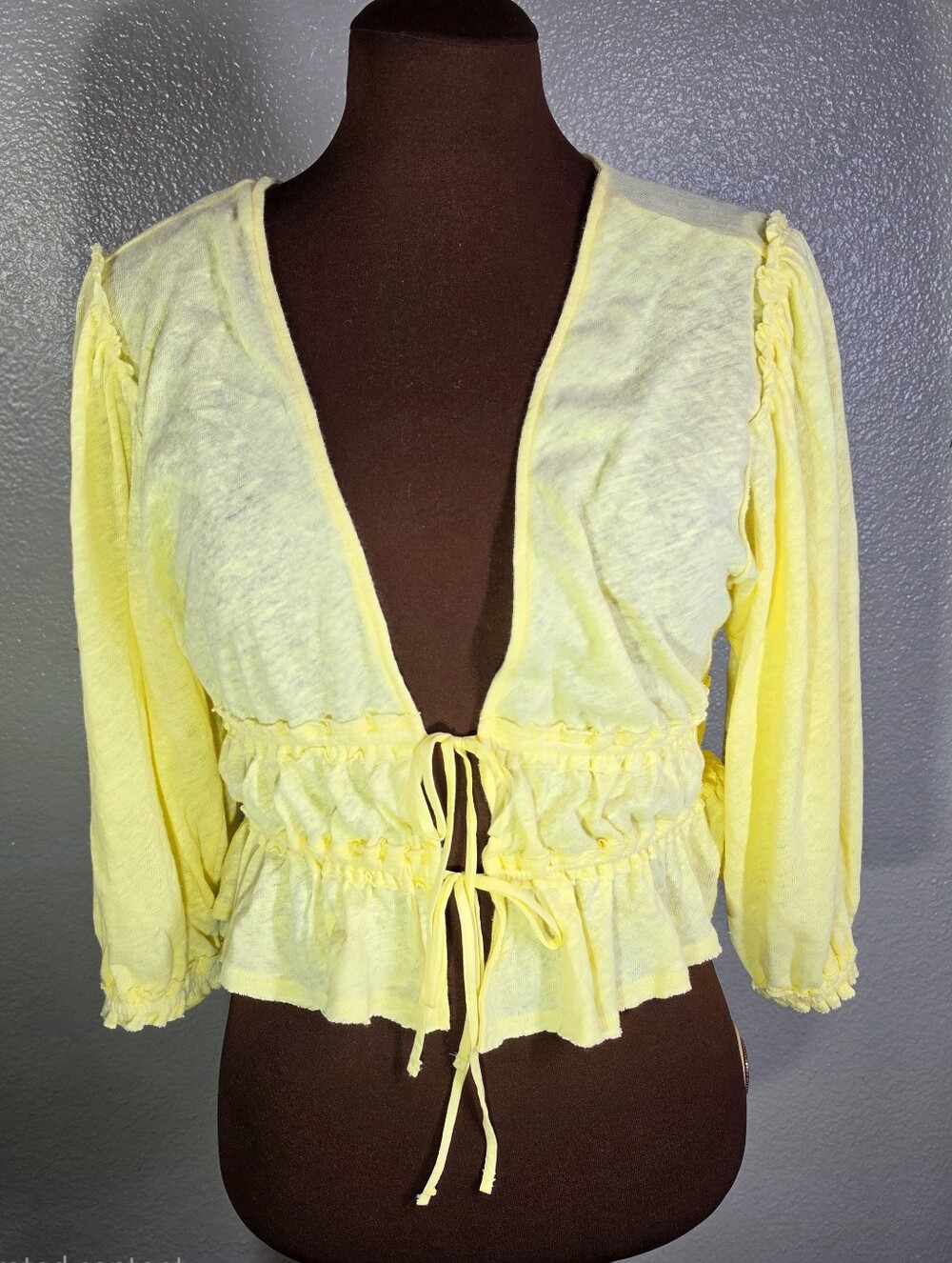 Free People Let’s Go Blouse M Butter Yellow Linen Tie Front Peplum